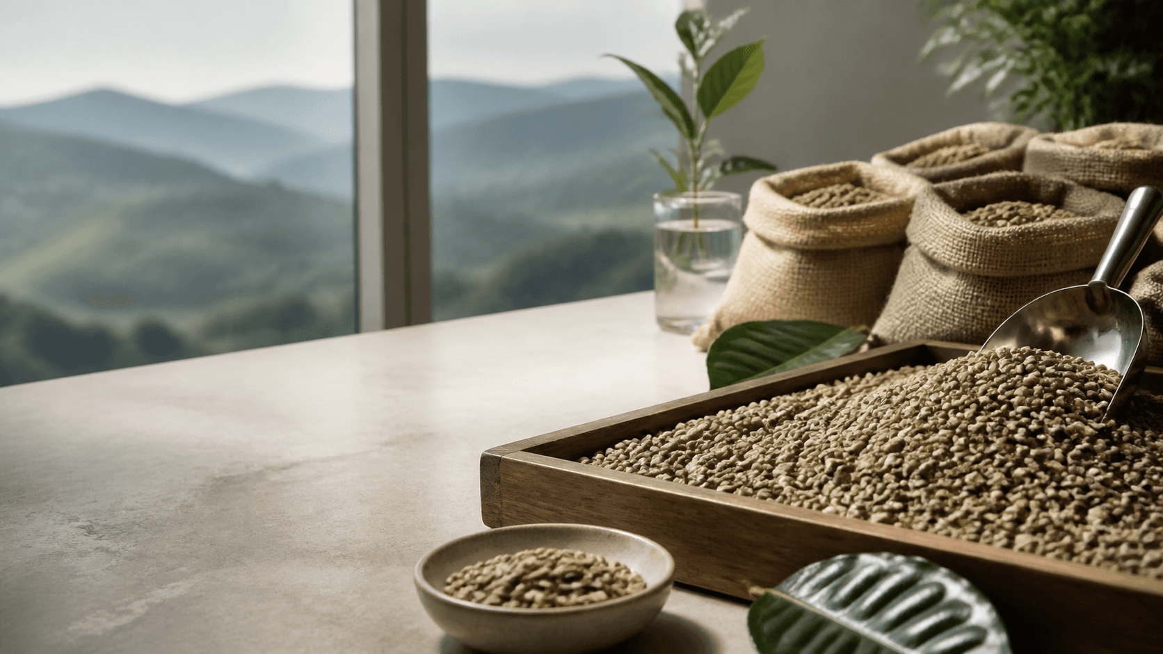 Green coffee samples in a quality lab overlooking coffee highlands
